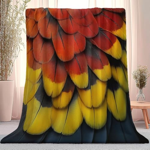 Manta 220 X 240 Cm Brillante Pluma Tropical Rojo Amarillo,Mantas De Sherpa Polar Esponjosa, Manta Cálida Estampada para Adultos Adolescente Niños para Sofá Cama Oficina Decorar