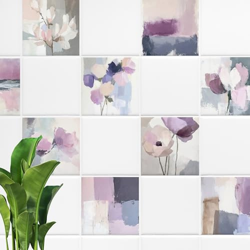 GRAZDesign Fliesenaufkleber Blumen 10-teiliges Set Selbstklebende Klebefliesen in Pastell Lila Rosa für Küche & Bad - 20x25cm / 30 Stück