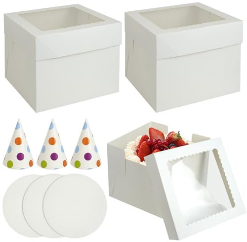 Scatole per Torte Bianche Set - 3 Pezzi Cake Box Alta in Cartone con Finestra e Sottotorta, Scatola Della Torta Scatole per Bomboniere, Contenitori per Torte per Trasporto di Tortes per L'imballaggio