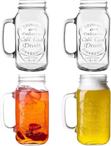 Consou Gläser Mit Henkel 700ml, 4er Set Mason Jar Trinkglas für Saft, Iced Coffee, Matcha, Smoothies & Kinder, Geschenk