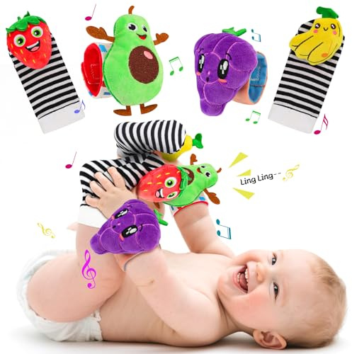 Foot Finders & Wrist Rattles for Infants - Baby Toys 0-6 Months Motor Skills Developmental Toys Fruit Theme Newborn Soft Wrist Rattle Socks, Baby Shower Gifts for Boys Girls (Fruit STYL-B)