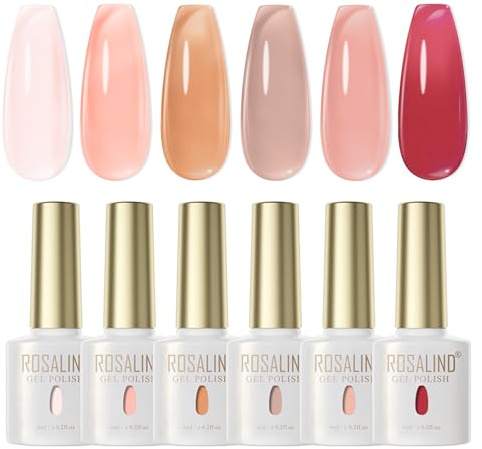 ROSALIND Smalto Semipermanente Unghie, 6 Colori Jelly Trasparente Effetto Rosso Rosa Chiaro Arancione UV/LED Smalti Semipermanenti per Unghie per Principianti, Professionisti della Manicure