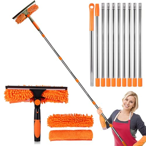 Window Cleaning Kit - 2 in1 Window Squeegee Cleaning Equipment, 4.25m (14ft) Extra Long Telescopic Glass Cleaner Tool with 10 Extension Pole and Spare Microfiber Cloth Squeegee Strips (Orange)