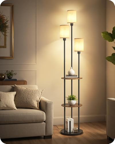 GOEBLESON Lampadaire avec Étagère, Style Vintage, avec 3 Abat-jour en Tissu Lin et 1 Interrupteur à Pied, pour Salon, Chambre, Bureau, Marron Rustique et Beige