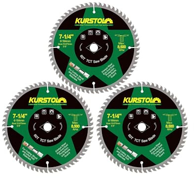 KURSTOL Wood Circular Saw Blade - 184 x 15.875mm 60 Tooth TCT Cutting Blade for Wood, Plastic, Plywood, Particle Boards, Multilayer Boards(3 Pack)