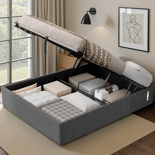 LUXOAK Polsterbett mit Stauraum 160x200cm, Gasdruckfeder, Grau | Großer Stauraum mit Gasfedern | USB & LED integriert | stabiler Rahmen bis 360kg belastbar