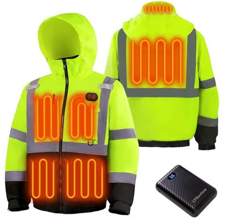 LYReview Safety Heated Jacket, 14000mAh Battery Rechargeable, Class 3 High Visibility Waterproof Work Construction Coat (US, Alpha, X-Large, Regular, Regular, yellow)