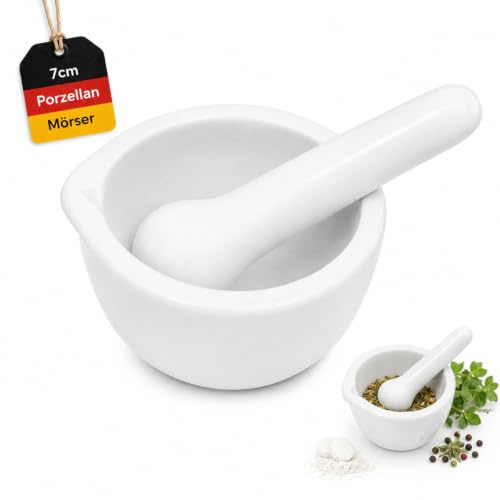Zerodeko 7cm Porzellan Moerser mit Stoessel Weisse Reibschale | Mini Keramik Mahlschale mit Ausguss fuer Laborchemikalien Kraeuter Gewuerze und kleine Proben Zuhause