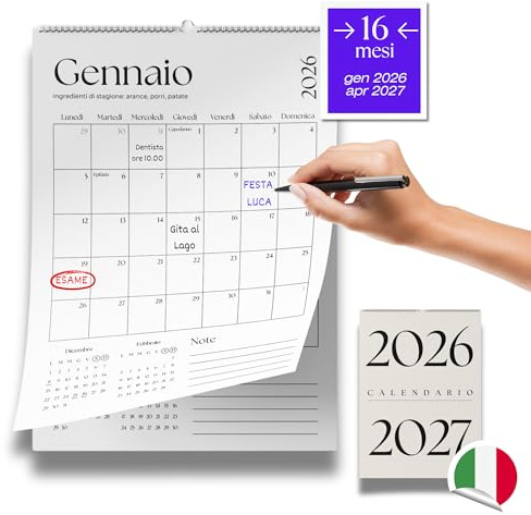Calendario 2026 da Muro Italiano da 16 Mesi | Calendario 2026 da Parete con Spazi per Scrivere (Gennaio 2026 - Aprile 2027)