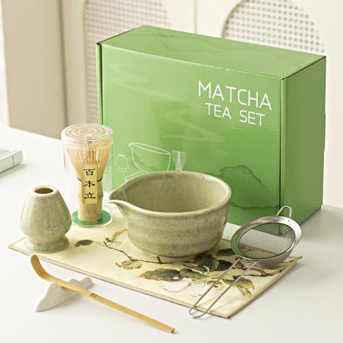 Set per tè Matcha, set tradizionale per cerimonia del tè Matcha, 7 pezzi - Include ciotola Matcha con beccuccio, supporto per frusta Matcha, frusta e cucchiaio Matcha, filtro, accessori Matcha per gli