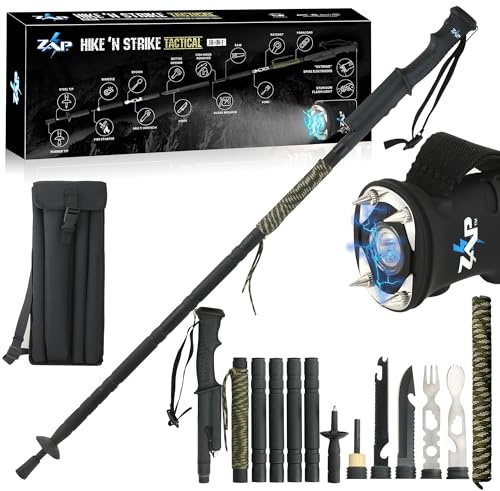 ZAP Hike 'n Strike 18-in-1 Tactical Walking Stick with Detachable Stun Device Flashlight & Integrated Survival Kit | Feel Safe & Prepared Hiking Outdoors (Lightweight 1.9 lbs, Collapsible 5-Tubes)