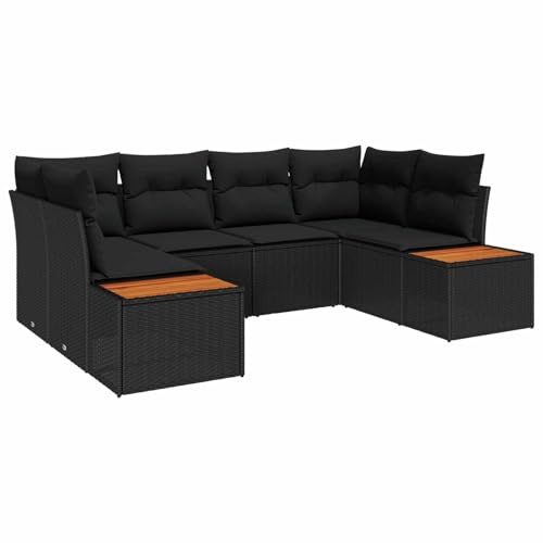 Mandloder Gartensofa-Set mit Kissen, 6-teilig, Schwarz Polyrattan, Modulares Loungeset mit Stauraum, Akazienholz, für Garten & Terrasse