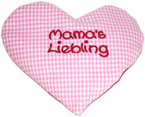 Herz Kissen Mama´s Liebling rosa kariert für Jungs und Mädchen als Babygeschenk zur Geburt, Taufgeschenk oder zu Weihnachten für ein, 2 3 4 Monate – lustige Ideen für Oma, Papa oder Eltern