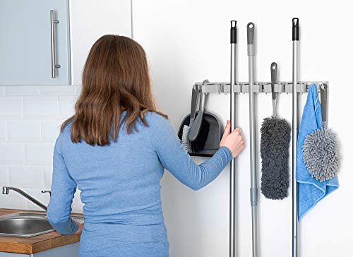 FiNeWaY Wall Mounted 5 Friction Position Grip 6 Sliding Hooks Rack Tidy Kitchen Storage Mop Organiser Holder Brush Broom Hanger Store Room Garage Shed Tools Garden DIY Set