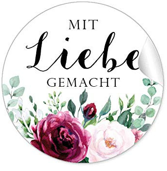 48 STICKER: Mit Liebe gemacht Etiketten für ihr Gastgeschenk • BOHO HIPPIE STYLE BLÜTEN ROSEN GRÜN ROT ROSA SCHWARZ • zum beschriften von Selbstgemachtes, Briefen oder Geschenkverpackungen