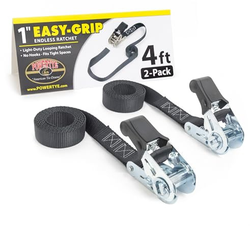 PowerTye 1in x 4ft Easy-Grip Light-Duty Endless Ratchet (no Hooks) - 400 lb. Working Load Limit / 1,200 lb. Breaking Strength - Black 2-Pack