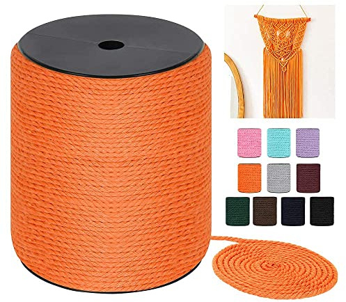 Macrame Cord 4mm x 240Yards (722Feet), Colored Cotton Macrame Rope - 3 Strands Twisted Colorful Macrame Cotton Cord for Wall Hanging, Plant Hangers, Gift Wrapping and Wedding Decorations, Orange