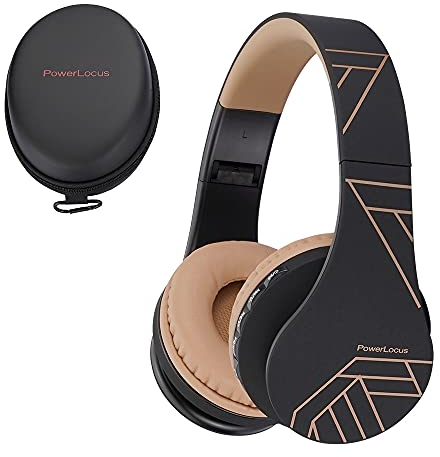 PowerLocus Casque Bluetooth sans Fil, Pliable Casque Audio Stéréo, Oreillette Bluetooth avec Micro Intégré/Micro SD/FM Radio pour Téléphones/PC/Tablettes/TV (Noir/Marron)