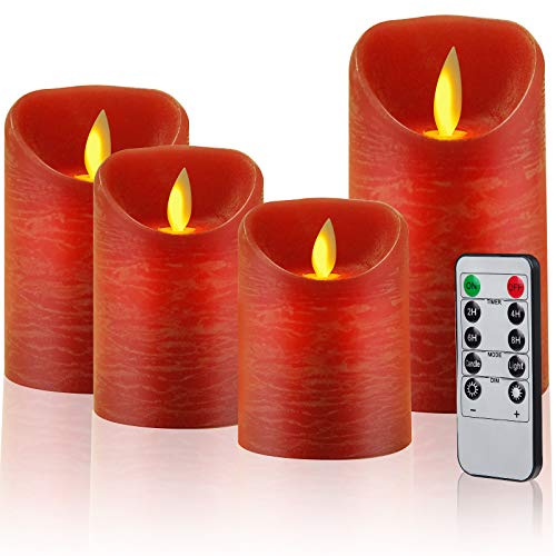 CPROSP 4er LED Kerzen Rot Advent mit Fernbedienung aus Echtwachs, Flammenlose Kerzen mit Timer, 7,5 x 9/10,5/12,5/15,5 cm, Deko für Hochzeit, Party, Weihnachten, Advent (2*AA, Erhhalten nicht)