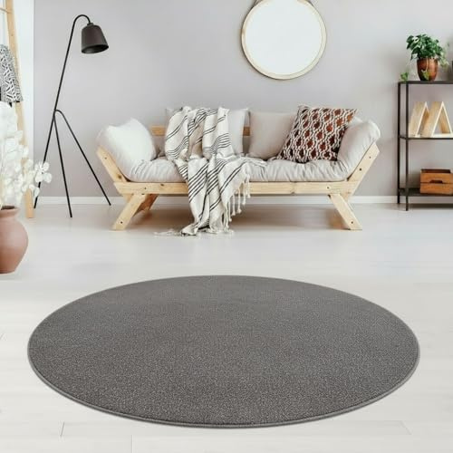 Jimri Moderner Teppich Wohnzimmer – Weich, Strapazierfähig & Pflegeleicht – Einfarbig Grau, Rund & Rechteckig – Hochwertige Verarbeitung – Oeko-TEX Zertifiziert – Grau, Rund 80 cm