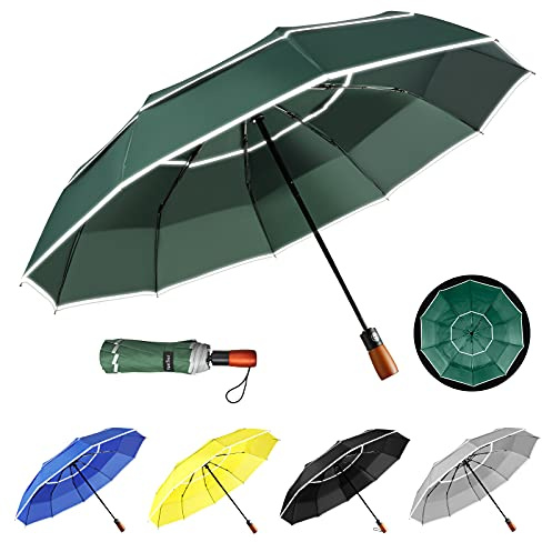 YumSur Paraguas automático resistente al viento, paraguas compacto, fuerte y portátil, doble toldo, mango antideslizante, paraguas plegable de viaje con marco reforzado para hombres y mujeres, días