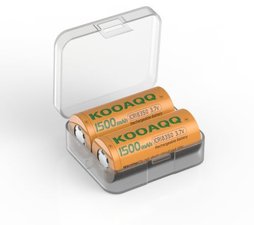 KOOAQQ 2X Rechargeable 18350 3.7V 10A Batteries, [1500mAh] New Version High Capacity Drain Li-ion Rechargeable Lithium Battery