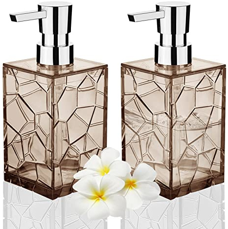HIYAA 2 Pack Soap Dispenser 12Oz Acrylic Liquid Lotion Hand Dispensers with Pump Reusable for Bathroom, Countertop, Kitchen, Laundry Room - Amber