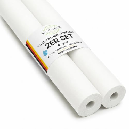 Sensalux Vlies Tischdeckenrolle 2er Set 1,18 x 25 m Weiß, 80 g/m² | abwaschbar, wasserabweisend, stoffähnliche Tischdecke Rolle, OEKO-TEX, Party, Catering, Gastro