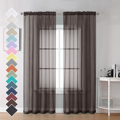 OVZME Grundläggande stångficka skira voile fönstergardinpaneler, brun choklad genomskinliga gardiner 213 cm längd för sovrum, 2 x 102 x 113 cm