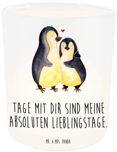 Mr. & Mrs. Panda Teelicht Pinguin umarmen - Geschenk, Seevogel, Glas Windlicht, Liebe, Windlicht Hochzeit, Liebesgeschenk, Hochzeitsgeschenk, Paar,