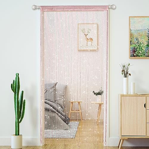 Transcosy String Curtains for Doorways Glitter Beaded Curtains Door Sparkle Beads Curtain Open Closet Laundry Hanging Hippie Glisten Beads Window Girls Panel (Light Pink, 39×79 in)