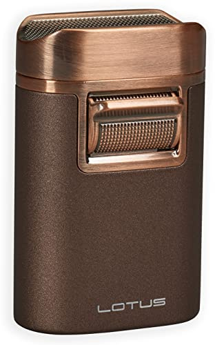Lotus Brawn Table Cigar Lighter with Quad Wind-Resistant Torch Flames, All Metal Housing, Cigar Rest Cap, Extra Large Fuel Tank (Brown Crackle & Copper)