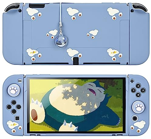 DLseego Coque Compatible avec la Switch OLED,Coque Mince et Douce au Toucher avec 2 Capuchons de Poignée de Pouce et Breloque Boule D'elfe,Absorption des Chocs et Anti-Rayures,Gris Bleu