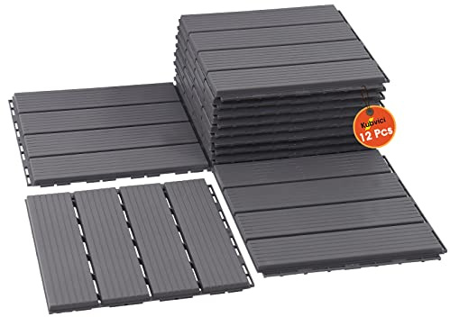 Interlocking Deck Tiles, 12 PCS 12” x 12” Patio Tiles Waterproof Plastic Outdoor Flooring Covering All Weather for Walkway Front Porch Poolside Balcony Backyard, Gray