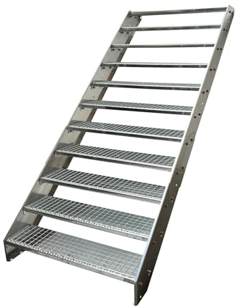 Kaminbau Mierzwa Escalier en acier de qualité supérieure entièrement galvanisé / 11 marches galvanisées (largeur 600 mm) (hauteur 209 cm) résistant aux intempéries marches en caillebotis escalier de