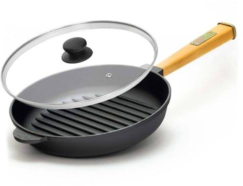 4BIG.fun Ø28cm Grillpfanne aus Gusseisen mit Glasdeckel Induktion Holzgriff Bratpfanne Pfanne Feuerpfanne