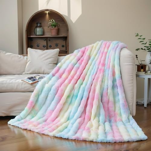 SHANNA Soft Warm Rabbit Plush Fleece Blankets Thick 1000 GSM Throws for Sofa Large Fluffy Versatile Blanket Bed Throw for Bedroom, Couch, Travel, Kids, Camping (Rainbow, 100 * 160cm)