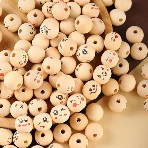 104 Stück Holzperlen mit Gesicht runde 20mm bedruckt Holzkugeln | lose Holz Perlen mit Loch zum auffädeln, 8 style bunte Bastelperlen für Armband Halskette Schmuck Handwerk