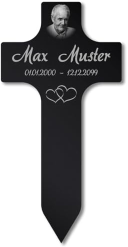 Paule Black Personalisierter Grabstecker Kreuz Grabschmuck mit Foto Gravur - Acrylglas Schwarz Hochglanz 150 x 300 mm - wetterfest für Außenbereich, Mama Papa Oma Opa Steckkreuz