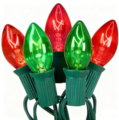 C7 rot-grüne Weihnachtsbeleuchtung für den Außenbereich, 7,6 m, Vintage-Weihnachtslichterkette mit 27 klaren roten grünen Keramiklampen, wasserdichte verbindbare Weihnachtsdekorationen für Haus