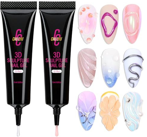 CHUCHU 2pcs*15g Gel 3D Nail Art: Colle à Ongles Strass Claire et Rose, Sculpture Builder UV LED pour Charms, Foils et Poudre Chrome