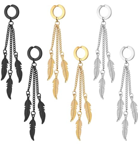 Flongo Orecchini con ciondolo a forma di piuma, unisex: oro, nero, argento, finto plug senza fori per le orecchie, in acciaio inox, gotico, huggie a 3 talloni, ciondolo a forma di piuma, Viking Punk,
