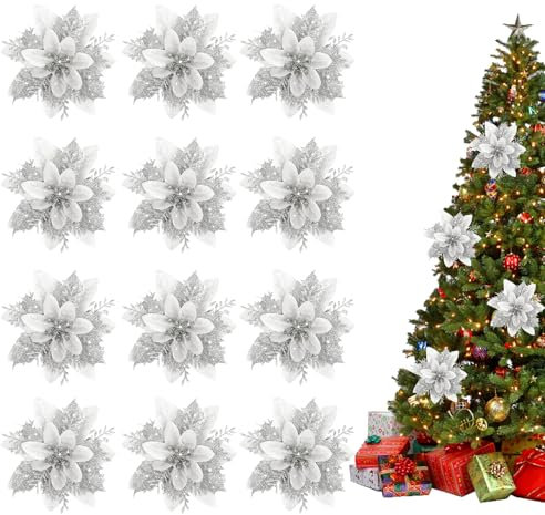 Gittoovo 12 PCS Christmas Tree Flowers, Silver Glitter Poinsettia Decoration, Artificial Christmas Flowers for Xmas Tree Garland Wreath Decorations