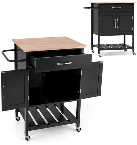 KOMFOTTEU Carrello da cucina, 1 cassetti e 1 armadio con porta, carrello da servizio con piano di lavoro in legno massello, carrello con ruote, piano inferiore, 73 x 48 x 90 cm (nero)
