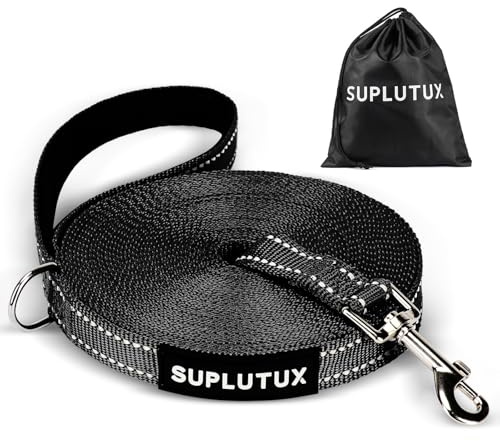 SuplutuX Schleppleine für Hunde, Laufleine für Hunde mit Reflektorstreifen, 360° Drehbarer Karabinerhaken, Leicht & Langlebig, Ideal für Rückruf und Gehorsamkeitstraining (Schwarz, 10m/32ft)