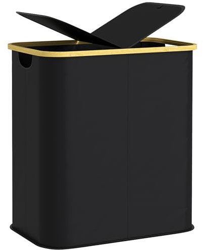 HOMCOM Double Laundry Basket With Lid, 80L Collapsible Laundry Hamper with Groove Handles, Washing Basket for Bathroom, Bedroom, Laundry Room, Black