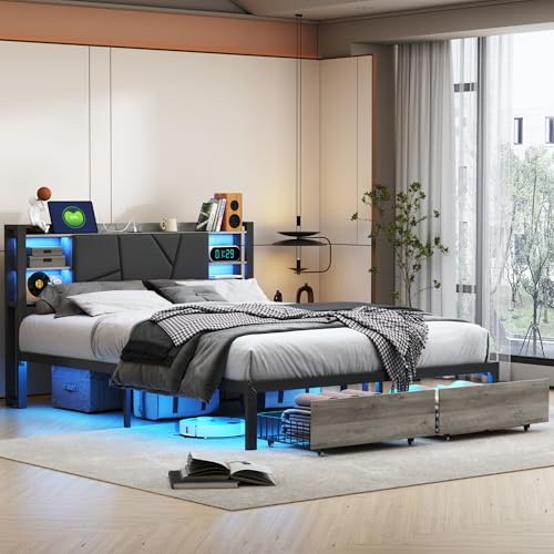 Générique Lit en métal 140 x 200 cm avec Sommier LED et USB,avec éclairage LED, avec sommier à Lattes et Rangement, avec tête de lit LED et 2 tiroirs, sans Matelas,Gris (Gris, 140x200 cm)
