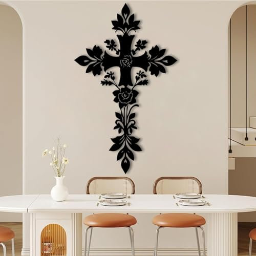 Blumenkreuz-Wanddekoration aus Metall, Kreuz-Wandkunst aus Metall, großes Metallkreuz-Wanddekor, christliches Kreuz for die Wand, Metallkreuze-Wanddekoration, Metallwandkunst for Wohnzimmer, Schlafzim