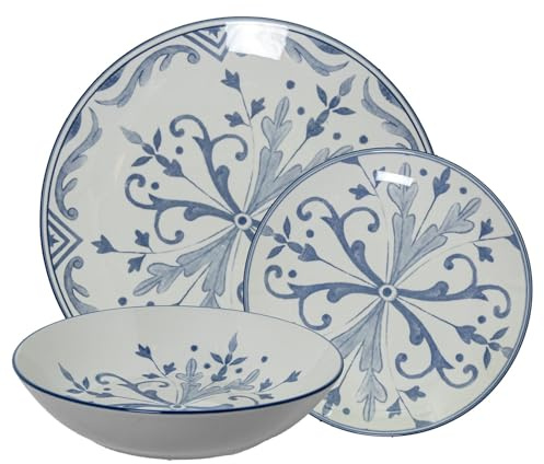 Vajilla de 18 piezas de porcelana en blanco y decoracion en azul 26x6x26 cm