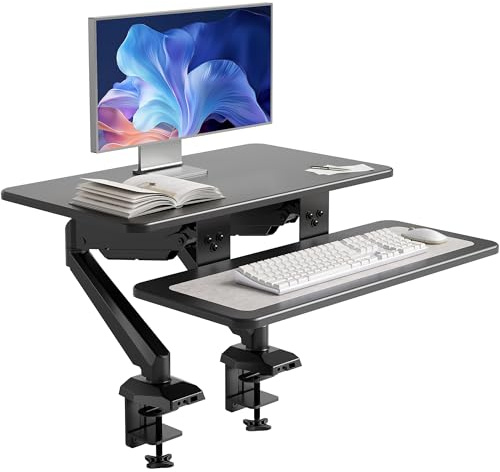 Claiks 24-Inch Sit-Stand Workstation，Innovative Space-Saving Height-Adjustable Ergonomic Desk Converter with Wide Keyboard Tray，Dual Fixation and Flexible Rotation Function, Black